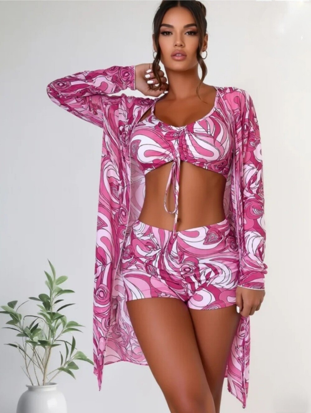 Pink/White Ruched Front Adjustable Strap Bikini Top/Boy Shorts. Kimono INCLUDED! - Picture 2 of 5